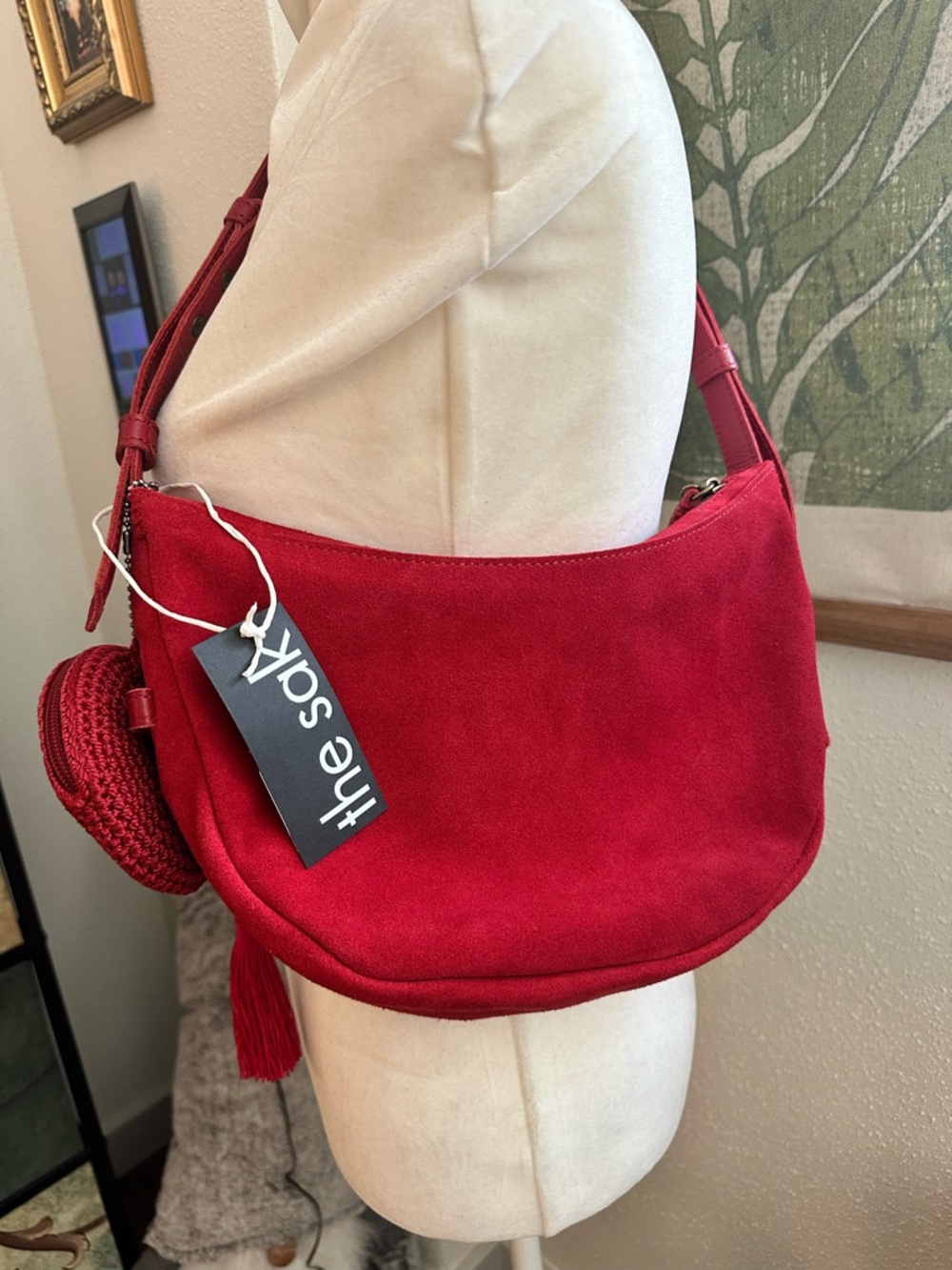 The Sak Tess Sling Bag Red Suede Shoulder Bag with Peace Tassel and Coin Pouch